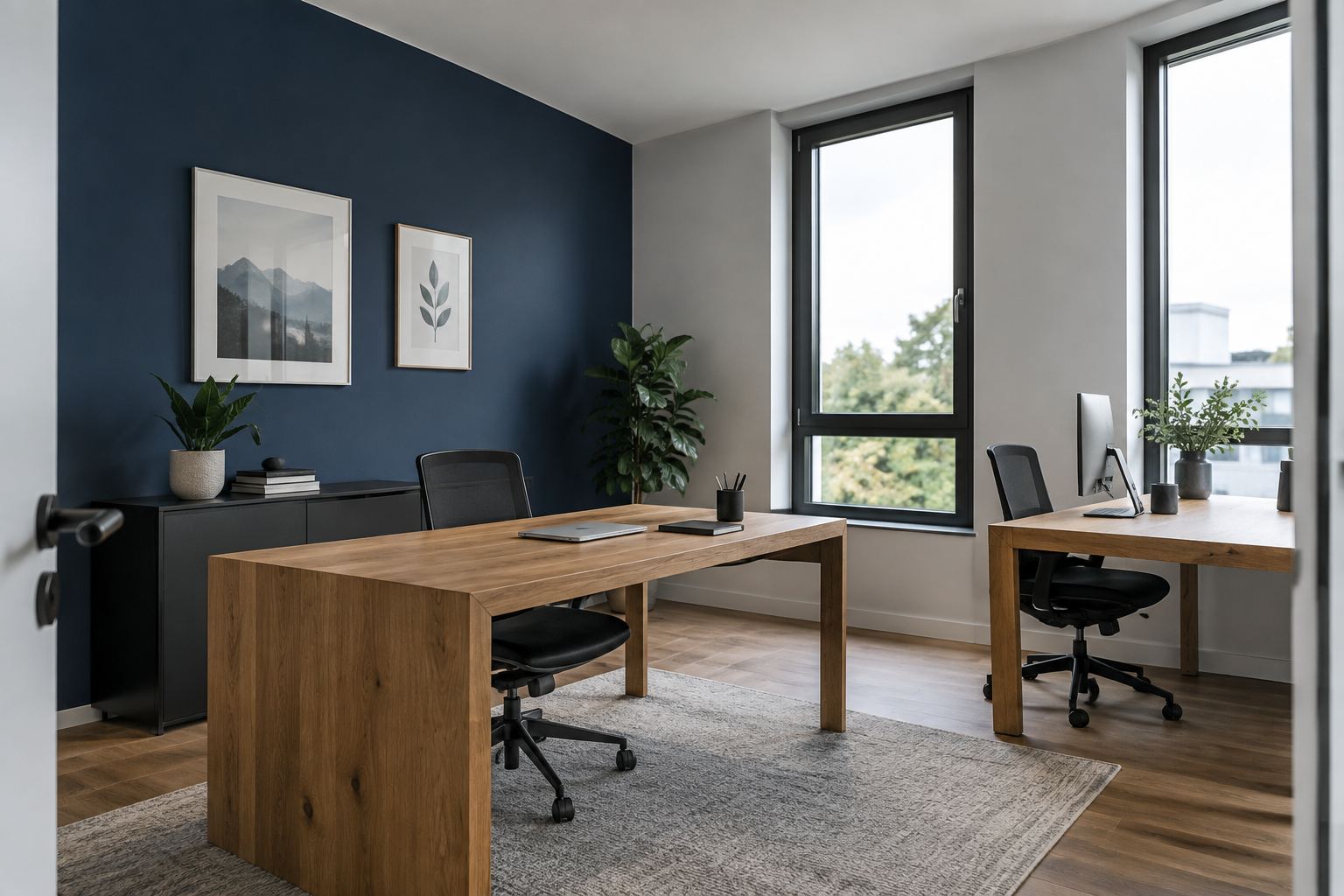 Büro mit nachtblauer Akzentwand