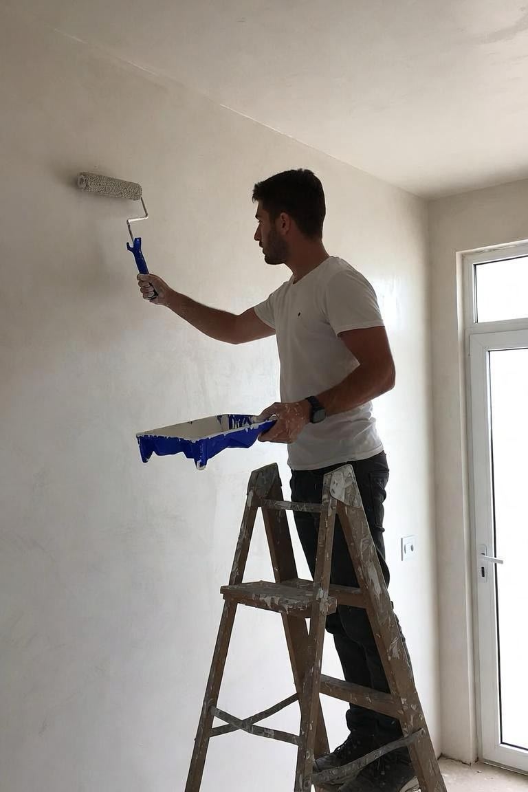 Maler auf der Leiter streicht eine Wand mit der Farbrolle