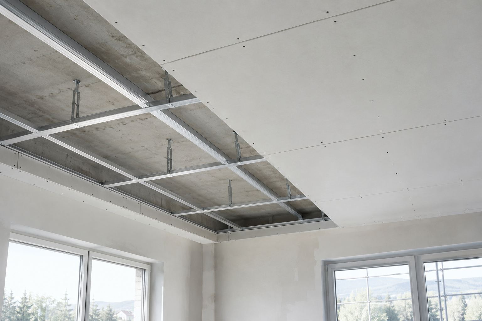 Abgehängte Decke mit Metallunterkonstruktion und Gipskartonplatten