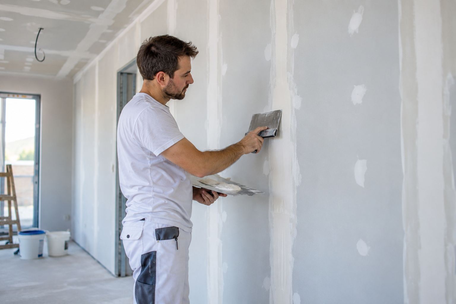 Handwerker verspachtelt die Fugen einer Rigips-Wand